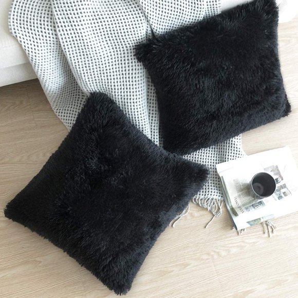Black Luxury Furry Farmhouse Adorable Trendy Bed Throw Pillow Decor Cover Set - Picture 1 of 6